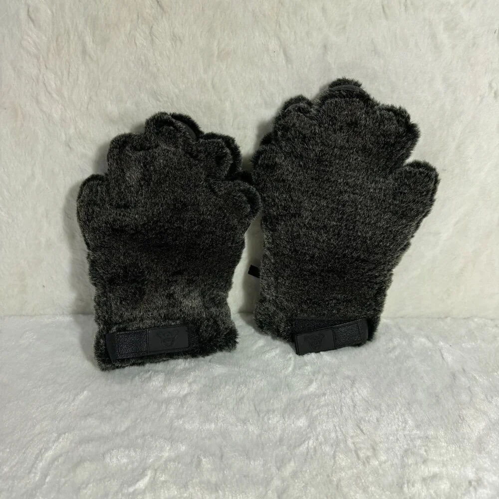 Bear Hands Fuzzy Paw Mittens W/ Non-Slip Grip & Thinsulate Lining Black Faux Fur